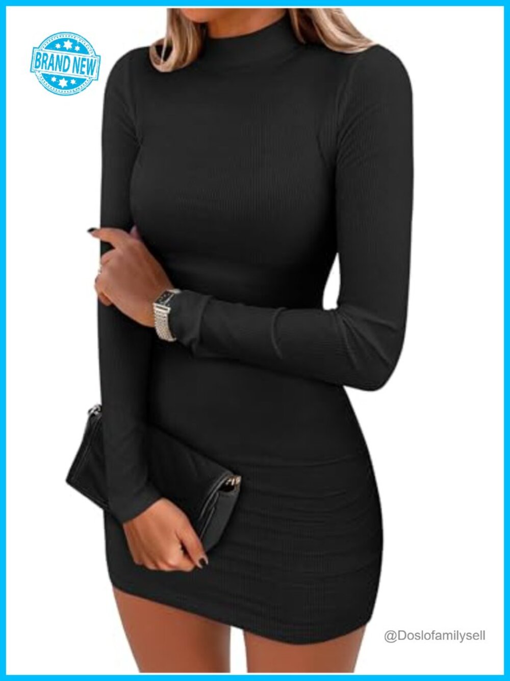 Women Long Sleeve Mock Neck Ribbed Knit Mini Bodycon Dress